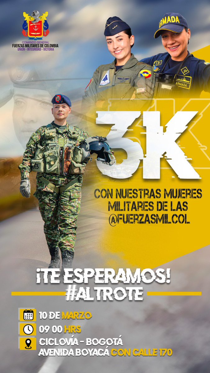 RECLUTAMIENTOCO's tweet photo. Mañana 10 de marzo ponte #AlTrote 3k con nuestras mujeres militares de las @FuerzasMilCol en la #CiclovíaBogotá del IDRD la cita es a las 9 am en la Av. Boyacá con calle 170.

Conmemoremos juntos el #Díadelamujer 

¡Te esperamos! 🥇 https://t.co/FmzXwQI8Hi