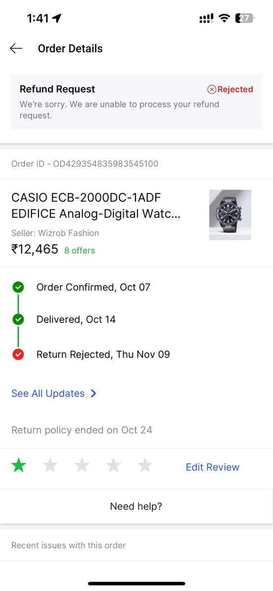 siddhesh22's tweet photo. @nothing Never buy from @Flipkart they delivered ₹200 worth Provogue watch when casio edifice was ordered. Flipkart is not taking action against sellers who rejected returns 5times. I lost ₹12,475 to these fraud. 
@business_today @ForbesIndia https://t.co/mj3QJC1hi0