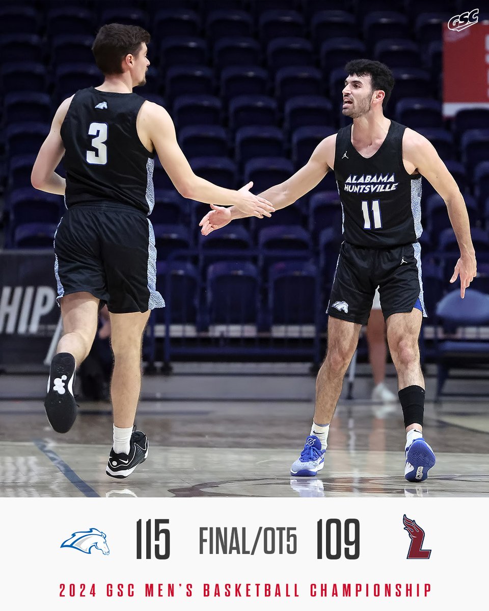 One for the record books.

UAH outlasts Lee in FIVE overtimes in the highest scoring game in #GSCmbb tournament history. 

See ya tomorrow.