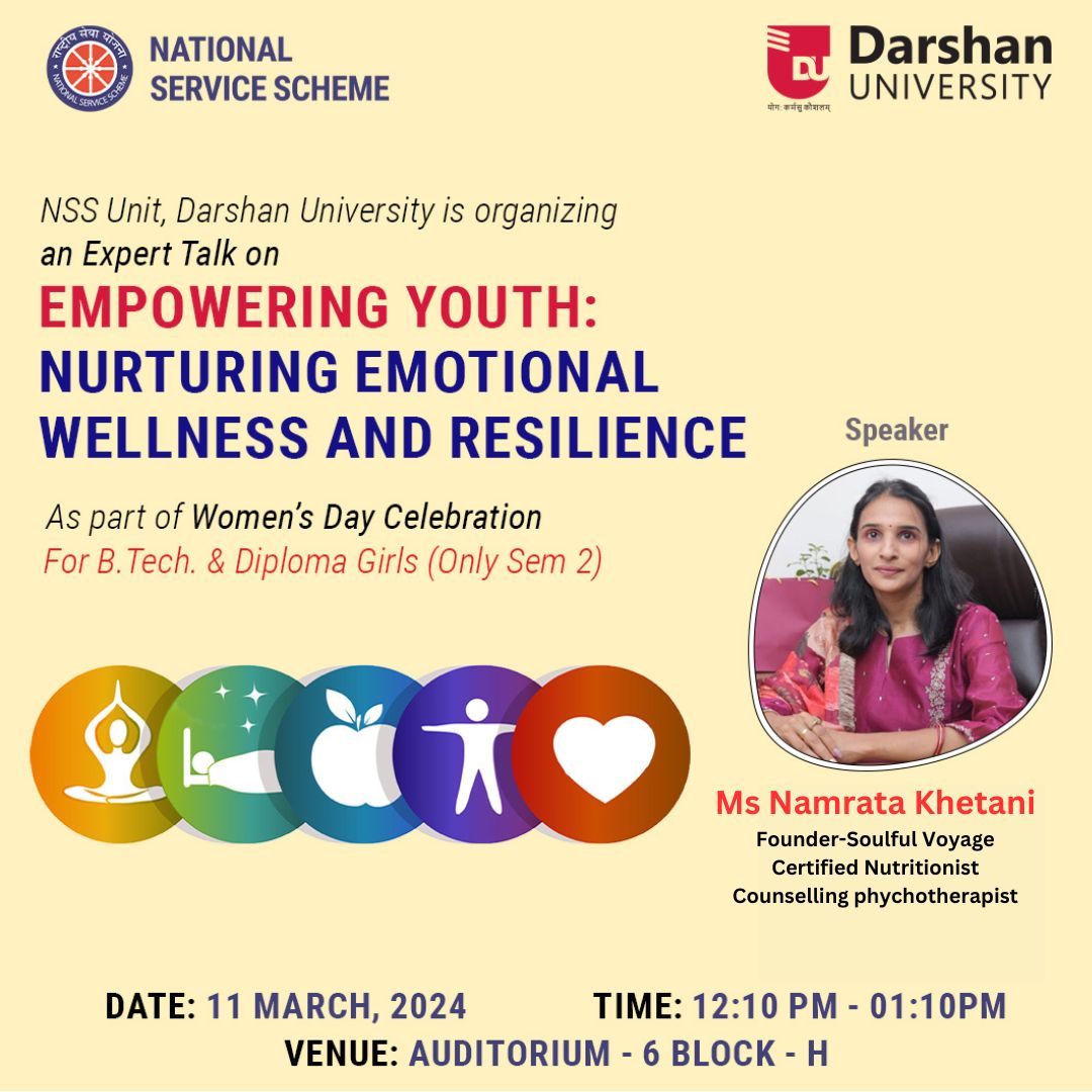 DarshanUniv's tweet photo. #TeamNSS has organized an expert talk on "Empowering Youth: Nurturing Emotional Wellness and Resilience" as a part of the Women's Day Celebration for #BTech and #Diploma 2nd-semester girl students. Ms. Namrata Khetani, founder of Soulful Voyage &amp; Certified Nutritionist. https://t.co/IihjGk2RBh