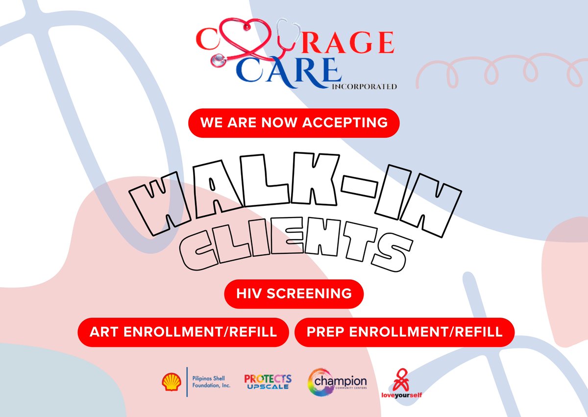CourageCare's tweet photo. WALK-IN?! No problem!

CourageCare is now accepting Walk-In clients for the following:
- HIV Screening / STI Testing
- PrEP Enrollment and Refill
- ART Enrollment and Refill

#CCI #CourageCare #PLHIV #GetTestedGetPrEP https://t.co/p3J4UjoRfQ