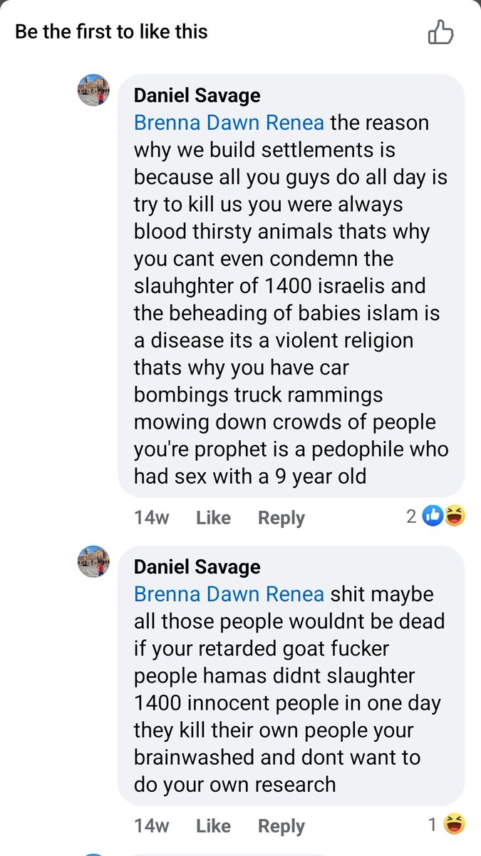 AntiPalHM_CAN's tweet photo. Daniel Savage is a Toronto-based plumber, seeking work on his locked Instagram page.

Savage has:
- Said "I love dead Palestinians".
- Said Israelis are "civilized unlike the filthy islamic dog rap**ts".
- Claimed that "dirty Palestinians" are raping people, while Israelis are supposedly not raping any Palestinians.
- Proudly said that Israel won't stop until "Gaza is completely finished and then were taking Gaza back too".
- Called Hamas "your r*****ed goat f****er people".
- Said "I don't give a s**t about Palestinian women children or men because eventually theyll grow up and join Hamas". (Screenshot in the next tweet right below).

Savage has seemingly wiped most of his Facebook content. But his page is still up with a different image.

To learn more about Savage, check @sasa_ghada's thread 👇