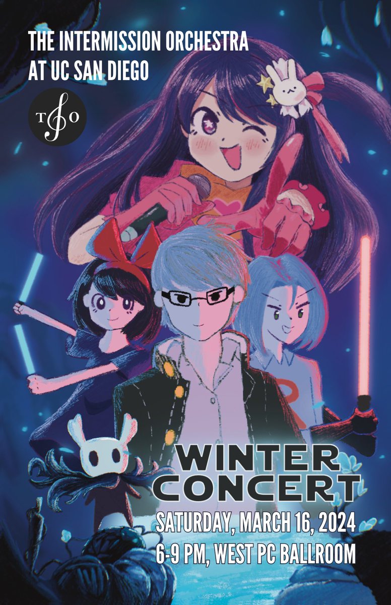 TIOatUCSD's tweet photo. Join us for a night of LIVE MUSIC from your favorite video games, anime, and films! FREE ADMISSION! 🎻🎺

Date: Saturday, March 16
Time: 6pm - 9pm PDT
Location: PC West Ballroom

The performance will also be live-streamed!

Credits to Jamie Chang for the program cover artwork! https://t.co/wWmdaee0u3