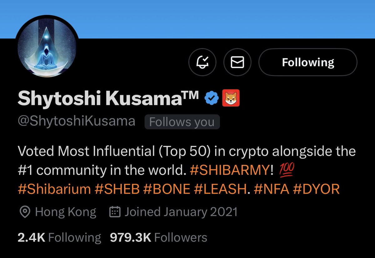 If <a href="/ShytoshiKusama/">Shytoshi Kusama™</a> hits 1 million followers, get ready for $SHIB giveaway! 🎉 I'll be giving away 5M $SHIB straight from my personal wallet. 

Why? Because if anyone deserves it, it's our friend Shy ☺️. Let's celebrate together! 🚀💙 #SHIBGiveway