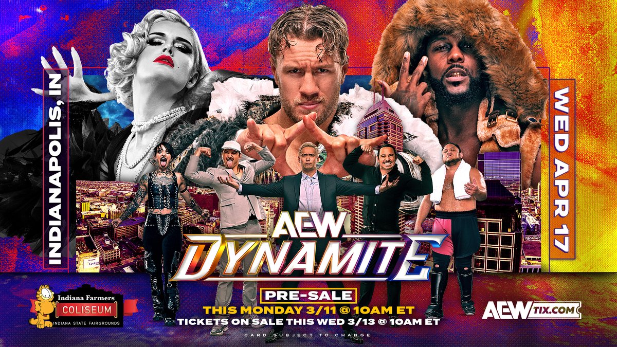 Indy fans, #AEW makes its return to Indianapolis on Wednesday, April 17th at Indiana Farmers Coliseum @indystatefair with #AEWDynamite LIVE! Don't miss it! • Presale: March 11 at 10am ET to 11:59 ET • General Tickets On Sale: March 13 at 10am ET