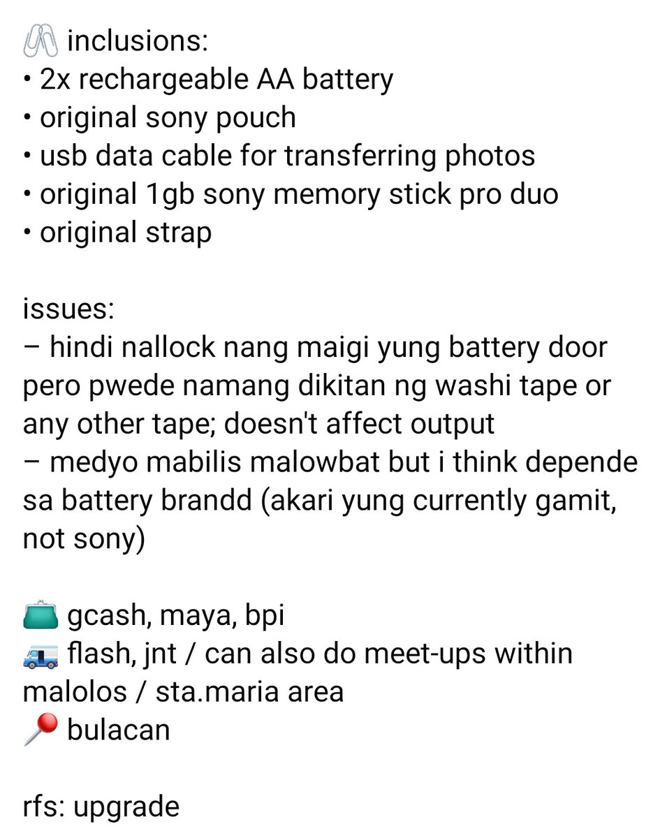 renjunlemon's tweet photo. #citrusells

wts lfb ph digicam

for sale! ☁️ sony cybershot dsc-s600 ☁️ 

₱ 2,999 + sf

*ੈ✩‧₊˚
-- 6.0 mp
-- 3x optical zoom
-- all buttons and flash are 100% functional
-- cosmetics: 9/10
-- strong flash up to 11m
-- Carl Zeiss lens
-- 2.0 inch lcd screen
-- with viewfinder! https://t.co/N557cVgMVO