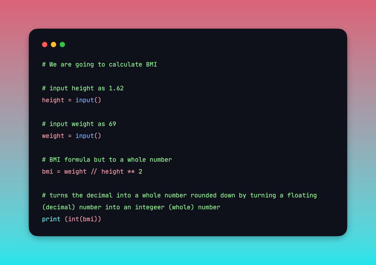 Oct_Very_Own07's tweet photo. #Day3 Took me over a day to complete. Working with F strings was a bit harder. Finally getting the AH-HA moment. Can’t believe it took me this long, but here we are. Created a BMI calculator that rounds down the decimal number into a whole number.

#100DaysOfCode #Python https://t.co/uv8dP57wFm