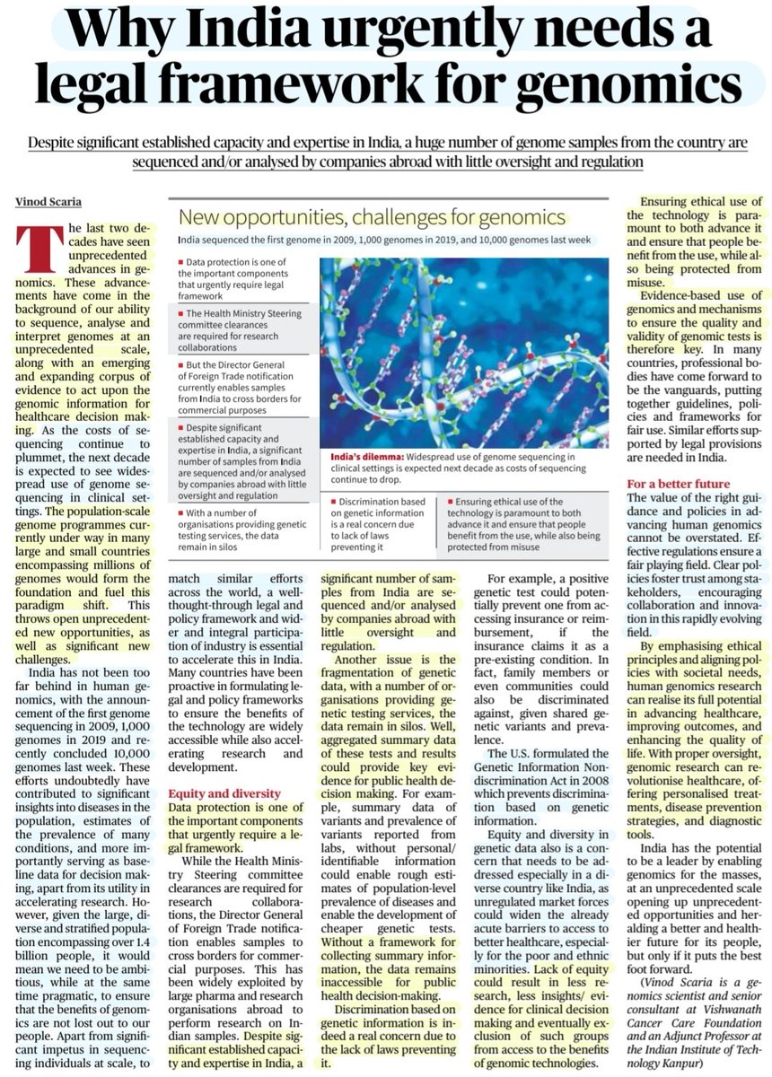 'Why India urgently needs a Legal framework for Genomics'

:Well explaind by Sh Vinod Scaria
@vinodscaria 

#Genomics #GenomeSequencing 
#population 
#deCODE #100Kgenome
#1+MillionGenome #GenomeIndia #dataprotection #Equity #Diversity
#Regulation #law

#UPSC
GSpaper 3

Source:TH