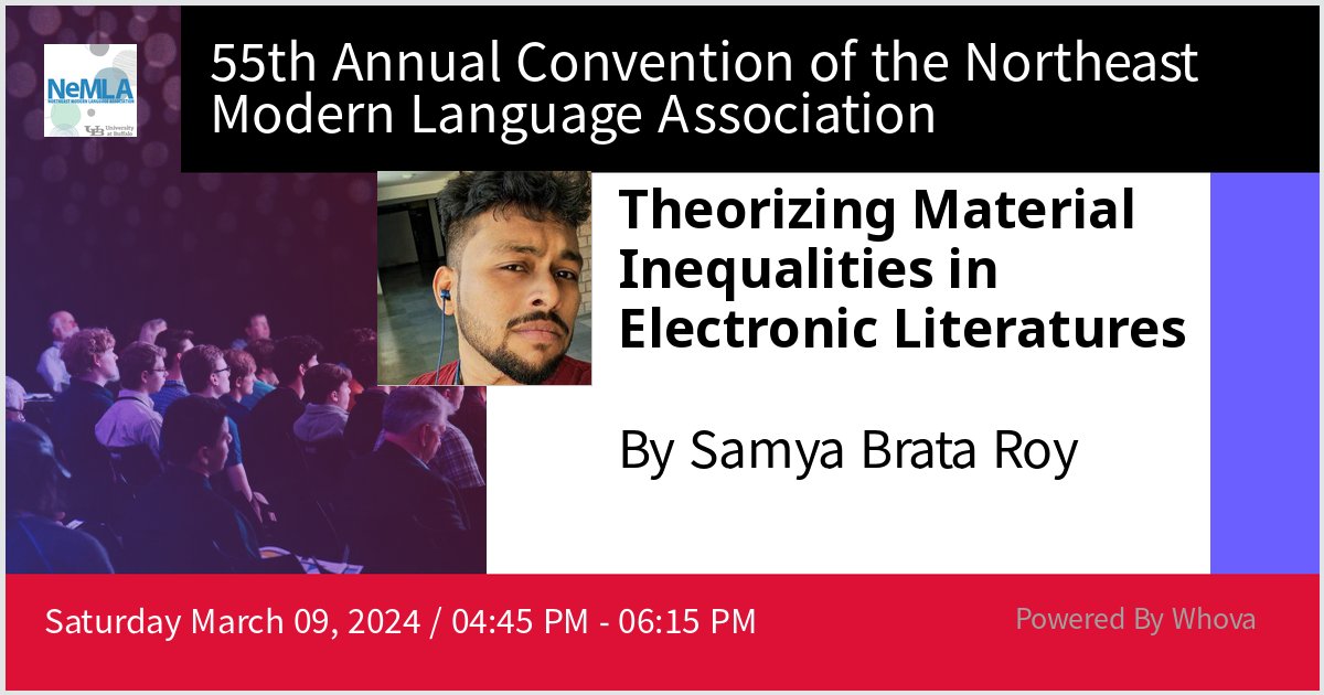 Gave a talk at 55th Annual Convention of the Northeast Modern Language Association on Theorizing Material Inequalities in Electronic Literatures. Thanks for the great reception! #NeMLA - via #Whova event app <a href="/northeastMLA/">NeMLA</a>