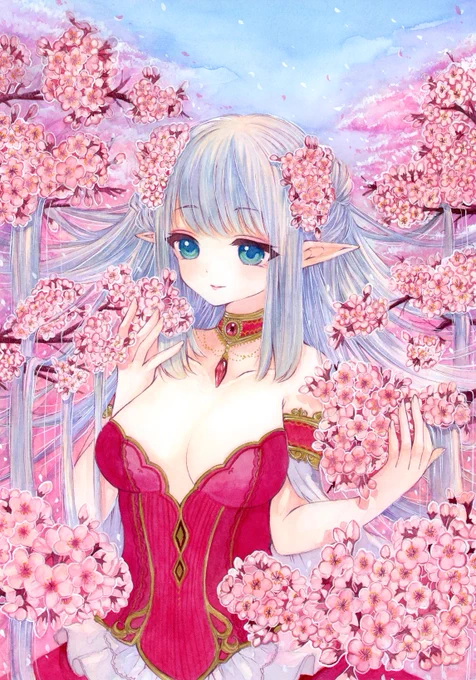 #幸せの鐘がなる頃に2メイン額装作品透明水彩で描きあげました2周年のお祝いに華やかになるように意識しましたぜひ原画見ていただけると嬉しいです。 