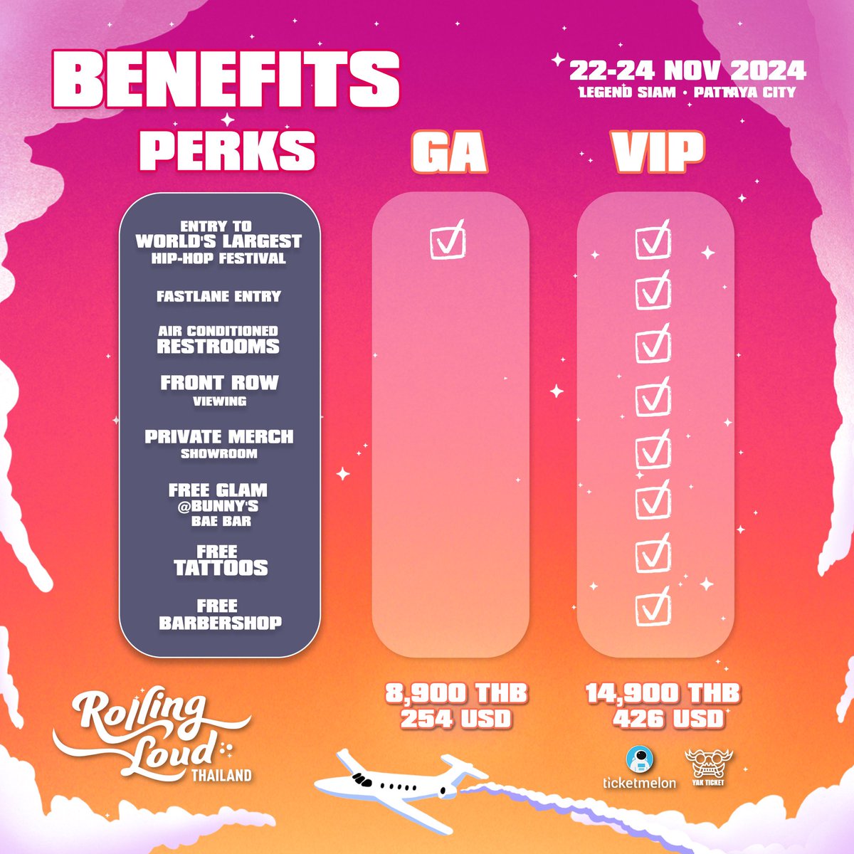 Take a look at what you can expect in GA & VIP Ticketmelon: ticketmelon.com/rollingloudtha… Yakticket: yakticket.com/th SIGN UP FOR UPDATES 👉 RollingLoud.com/thailand