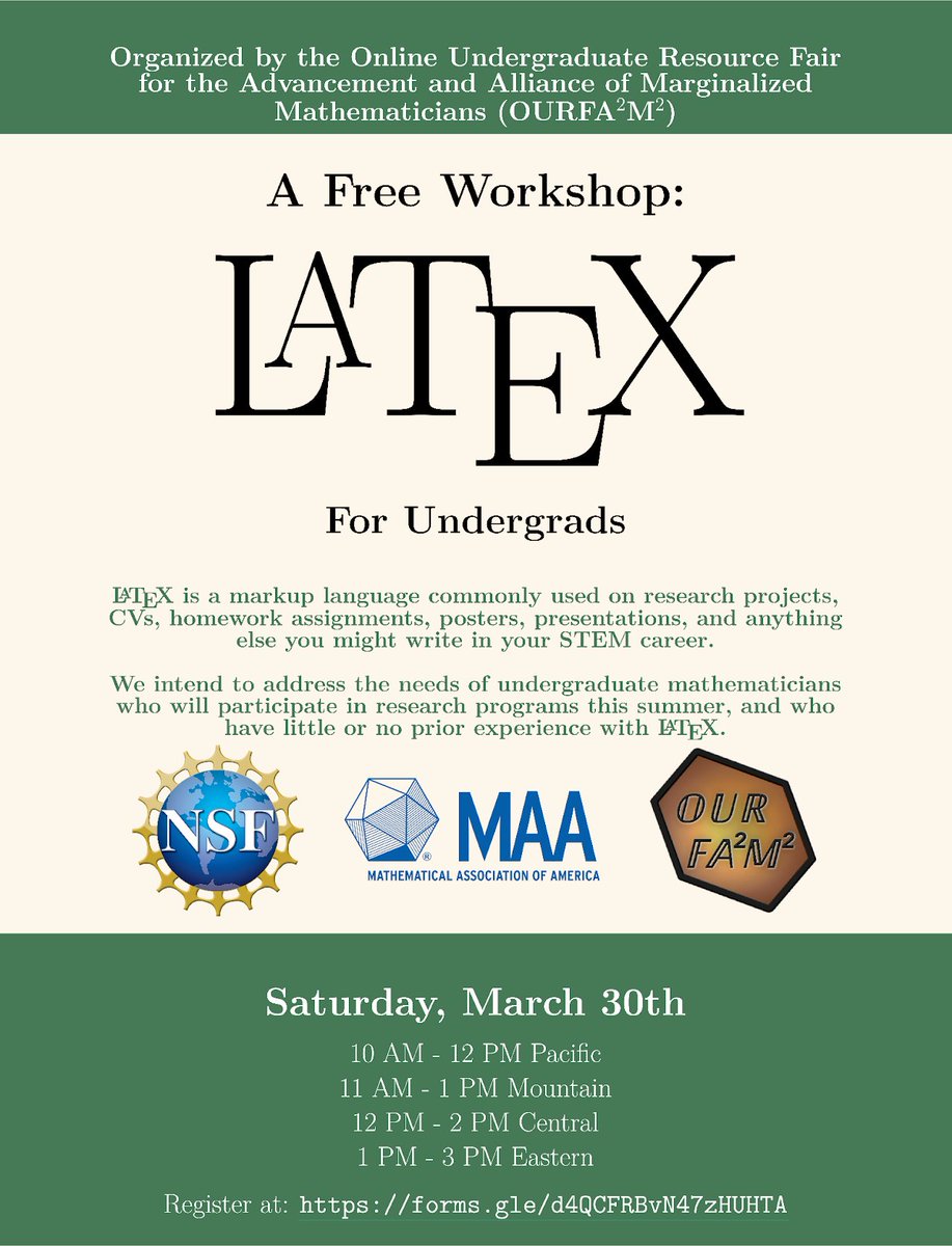 Now announcing the 2024 LaTeX Workshop! Are you curious about how your math professor types equations? How to make math presentations and posters? Join us on Saturday, March 30th to learn LaTeX and Beamer in an interactive 2-hour workshop! Please share this in your networks.