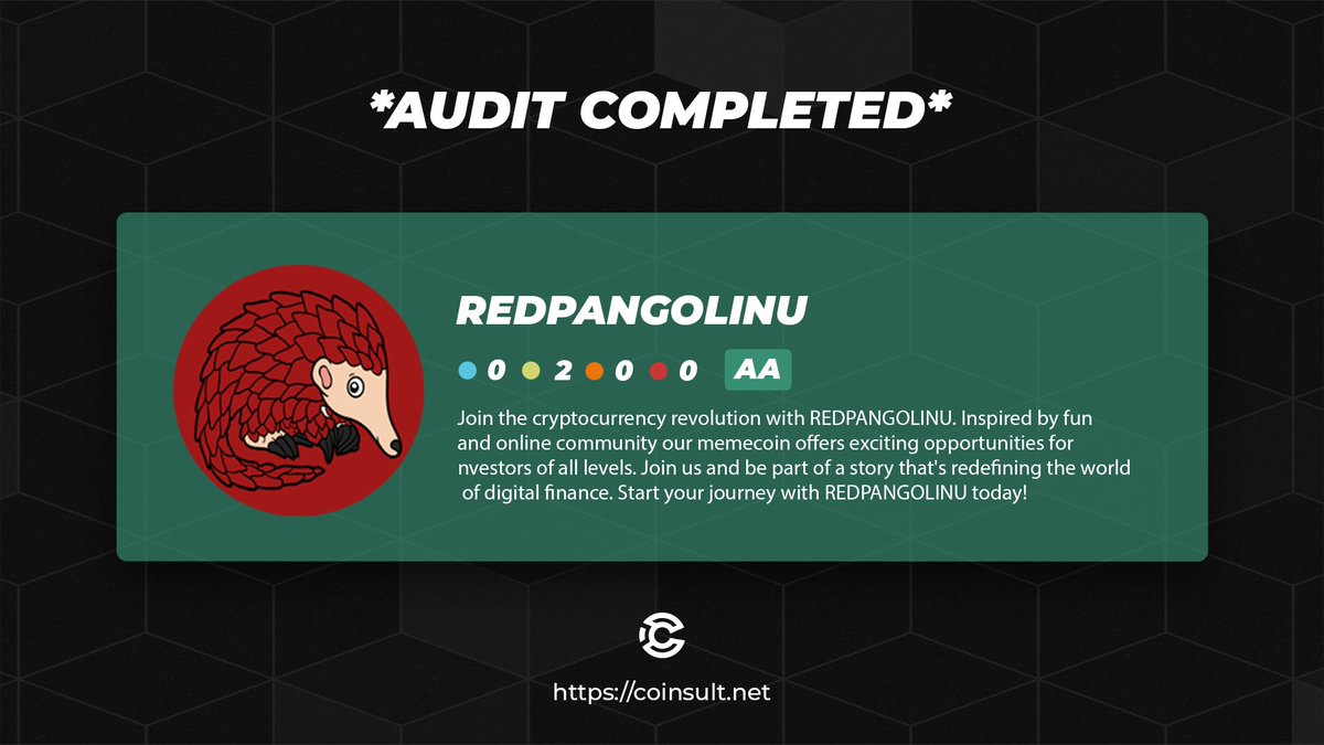 🔒 AUDIT COMPLETED FOR REDPANGOLINU

🎁 GIVEAWAY: $25 (48 hours)

1⃣ Follow <a href="/RedPangolinu/">RedPangolinu</a> &amp; <a href="/CoinsultAudits/">Coinsult - Audits & Development</a> 
2⃣ Like + RT this tweet
3⃣ Place a comment 💬

Go check out the full project page of RedPangolinu 👇
coinsult.net/projects/redpa…

#crypto #audit #cryptogiveaway #smartcontract