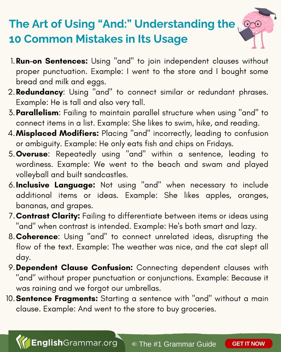 GrammarUpdates's tweet image. The Art of Using “And:” Understanding the 10 Common Mistakes in Its Usage

#grammar #writing #amwriting