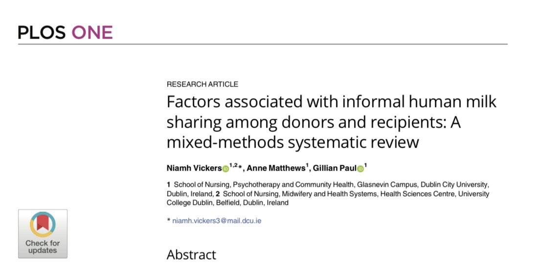 🚨Delighted to share the first paper from my PhD Research, published in @PLOSONE 🚨Huge thanks to my amazing supervisors 🤩@AnneODMatthews & Gillian Paul. Open   access via:  journals.plos.org/plosone/articl… #ConvergentIntegratedMMSR #Informalhumanmilksharing @DCUSNPCH