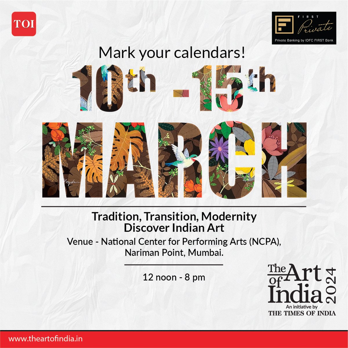 Experience best of Indian art, brought to you by THE TIMES OF INDIA

Curated by Alka Pande, this event celebrates our rich artistic heritage from March 10th to 15th at the National Center for Performing Arts (NCPA), Mumbai
#TheArtOfIndia2024 #TheArtOfIndia #TOI #TOITheArtOfIndia