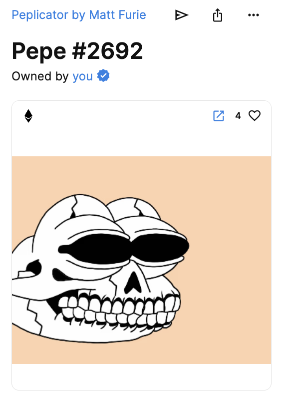 We can put a price on NFT.

But we cannot put a price on culture.

Welcome to <a href="/Memeland/">Memeland ❤️ Memecoin</a>, 2-trait Skull Pepe!

Thank you for your service, Ser <a href="/Matt_Furie/">𝓜𝓪𝓽𝓽 𝓕𝓾𝓻𝓲𝓮</a>!🫡