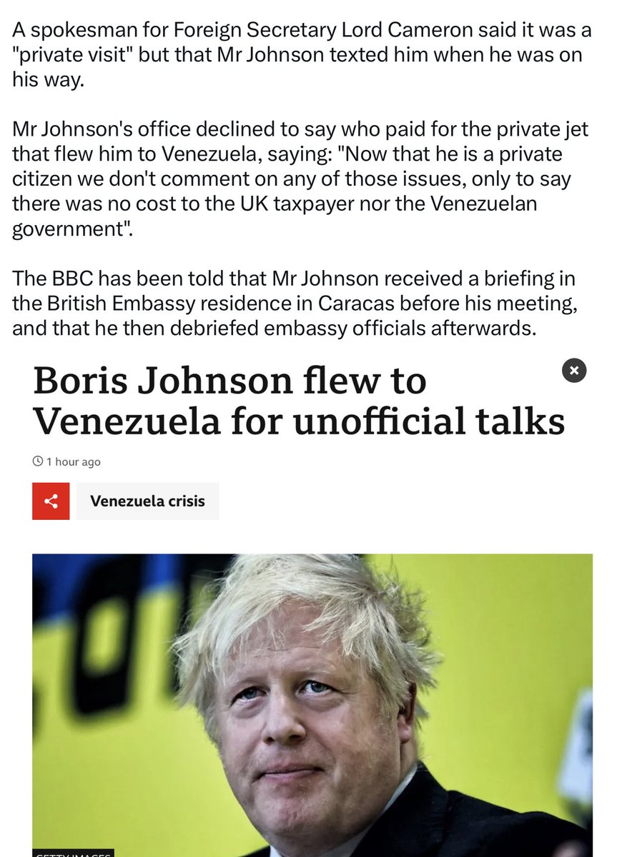 SandraWeeden's tweet image. Isn’t Johnson a private citizen now?  

Why is he flying to Ukraine, then Venezuela, texting Cameron, receiving Embassy briefings?

What’s going on?

bbc.co.uk/news/uk-politi…