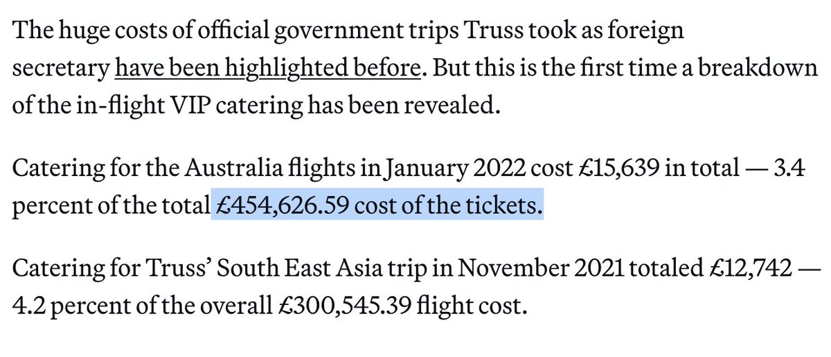 The £454,626.59 that @trussliz spent on a single flight included £15,639 in food & wine. In context, a first-class seat would have cost around £14,000 and she'd have got to Australia in almost half the time... #GeneralElectionN0W #ToryScum