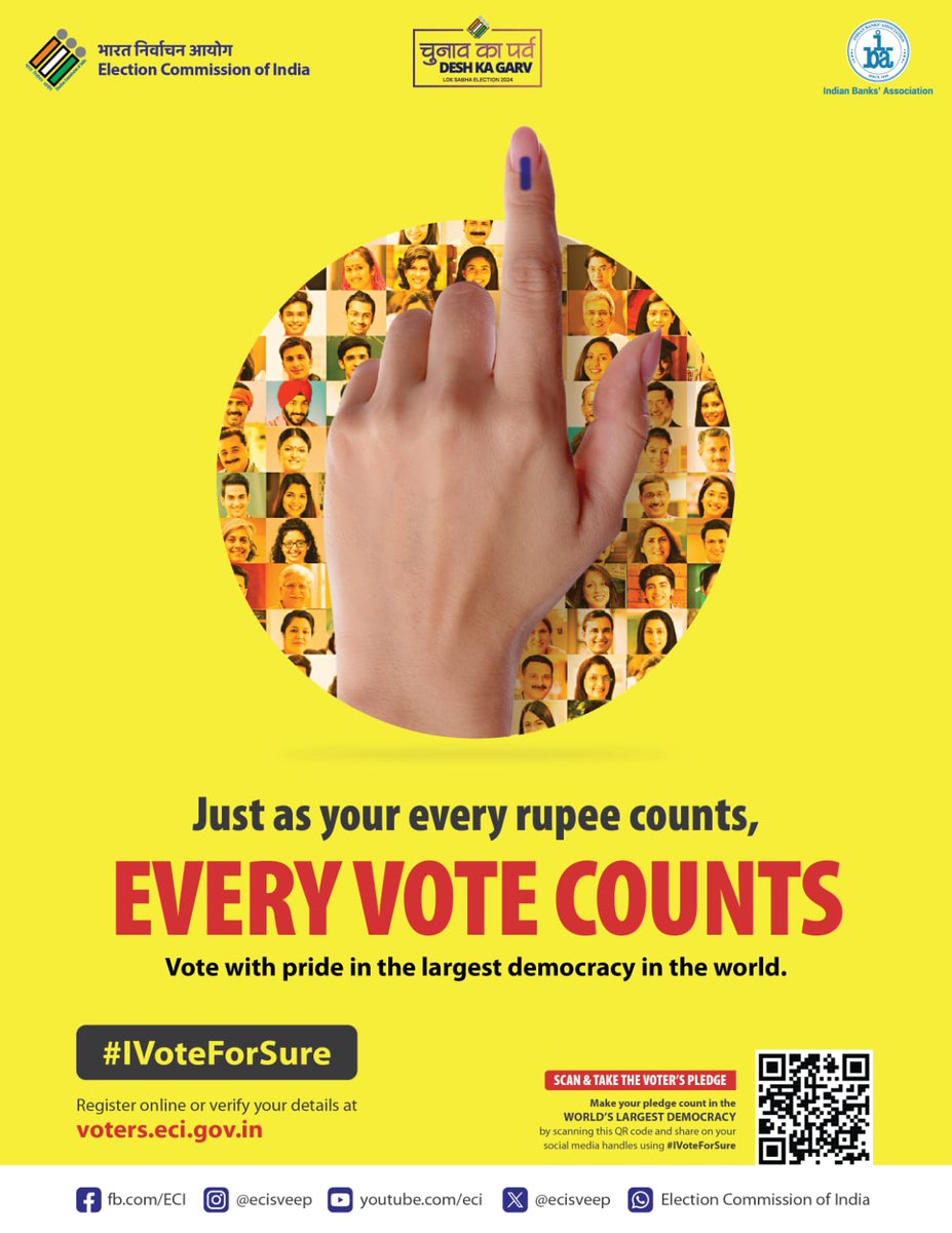 ECISVEEP's tweet photo. Our #Democracy is banking on you - we appeal to all Voters to exercise their franchise! #Elections2024

#ChunavKaParv #DeskKaGarv #ECI #SVEEP #MeraPehlaVoteDeshKeliye https://t.co/ncbobZgOtf