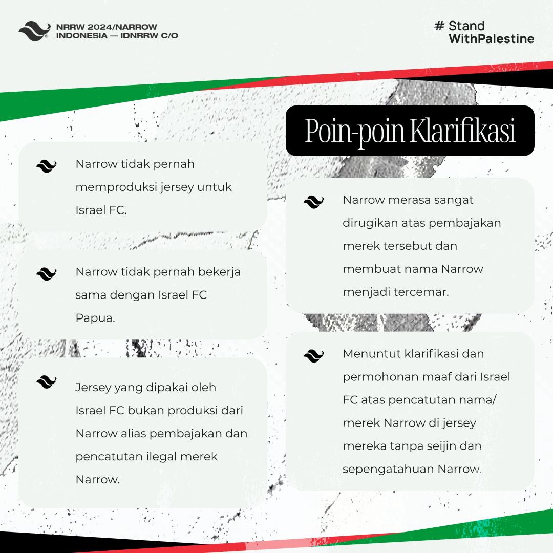 Klarifikasi:

Kami Tidak pernah memproduksi jersey Israel FC, tanpa kerjasama dengan Israel FC Papua. Jersey yang dipakai bukan produksi Narrow, melainkan pembajakan tanpa izin. Kami merasa dirugikan dan menuntut klarifikasi serta permohonan maaf resmi.

#StandWithPalestine