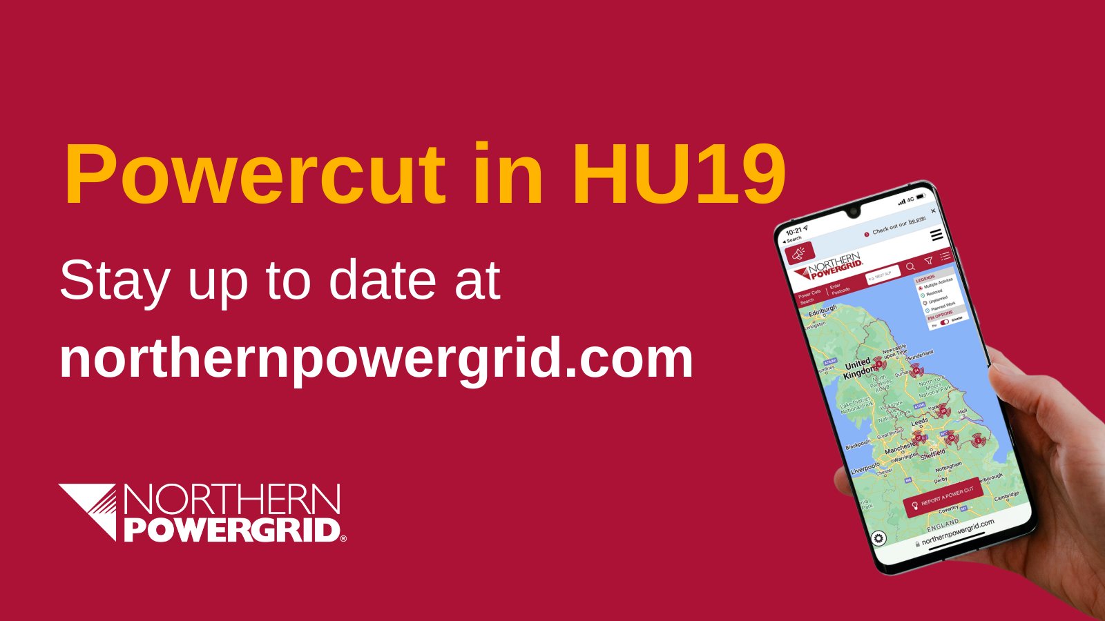 Northern Powergrid on X Powercut in HU19 affecting 1415 customers. TeamPowergrid are working hard to restore power and estimate to have all customers restored by 8 am. Report your power cut online