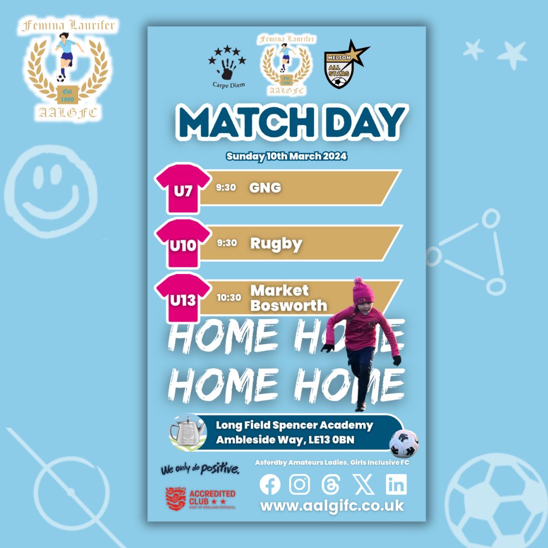 ⚽ HOME MATCHES at <a href="/LongFieldMelton/">Long Field Spencer Academy</a> 🩵

Good luck to all our teams playing at home this Sunday! 🙏🏼👏🏻

#AALGIFC 

<a href="/leicsfa/">Leicestershire FA</a> <a href="/englandfootball/">England Football</a>