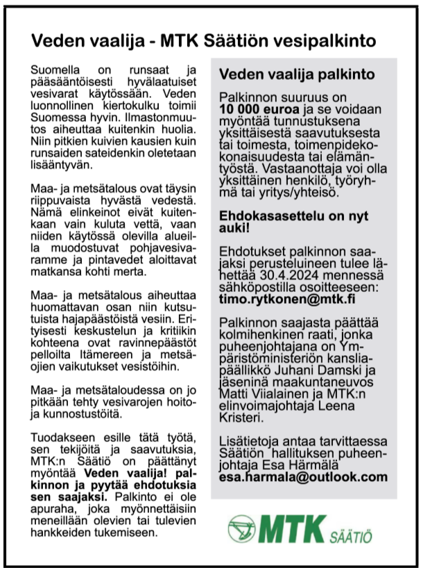 Ehdotuksia veden vaalijaksi kaivataan. Jakakaa eteenpäin tätä viestiä. (ilmoitus päivän Hesarissa)