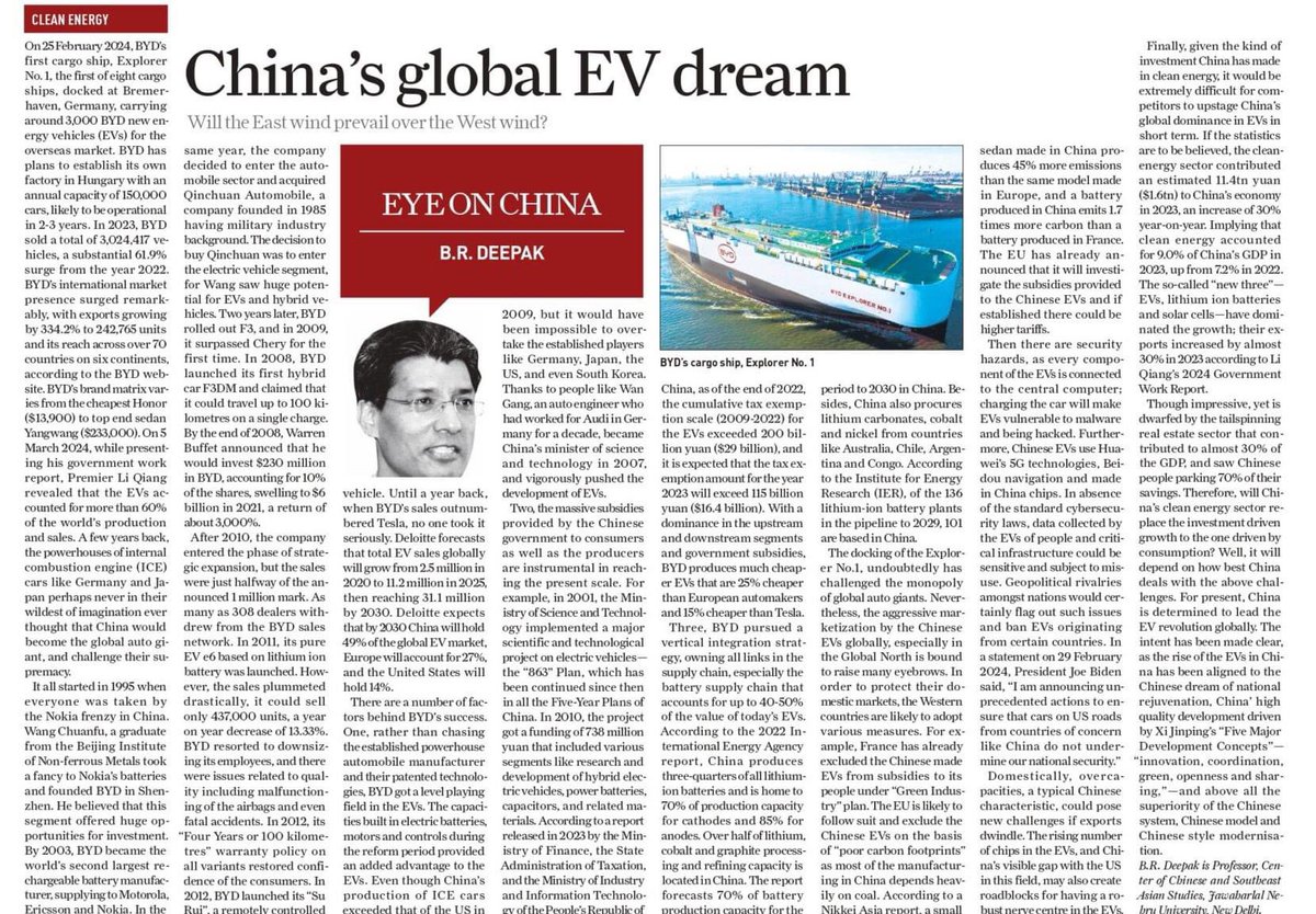 BDeepak110's tweet photo. In today's Sunday Guardian, my take on "China's Global EV Dream". Will the East Wind prevail over the West Wind? Will it be a new pillar of economic growth in China and replace the real estate sector? 
https://t.co/c927YBHcKO https://t.co/03wdAaoBkt