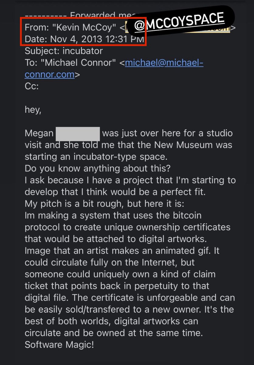 Thanks to @michael_connor for finding my 2013 email pitching my idea for blockchain based ownership for digital art. The first working examples came a few months later in 2014