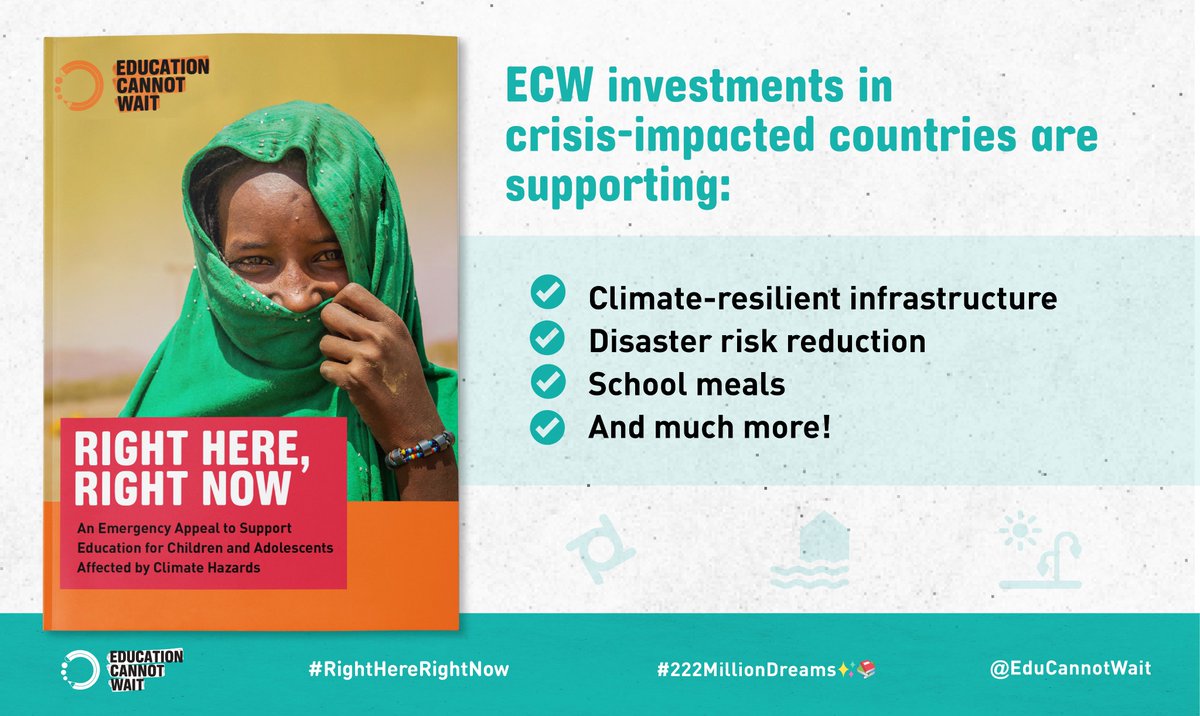 DYK: @EduCannotWait -funded programmes in countries like🇧🇩🇹🇩🇳🇬🇸🇸🇸🇾are supporting construction of #ClimateResilient school infrastructure, disaster risk reduction, school meals & more!

#ECW appeals for $150M to urgently scale🆙response to #ClimateCrisis🆙 bit.ly/ECWClimate