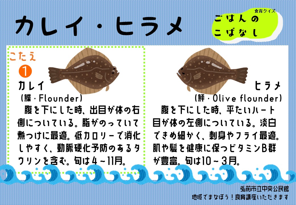 こたえは①！左ヒラメの右カレイ、です！ 他の違いは、カレイが目が出