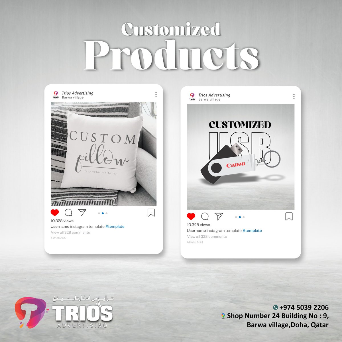 TriosAdver83576's tweet image. Ready to take your USB and cushion game to the next level?  Trios Advertising has got you covered! 
#TriosAdvertising #CustomizedUSB #CustomizedCushions #Qatar #PersonalizedGifts