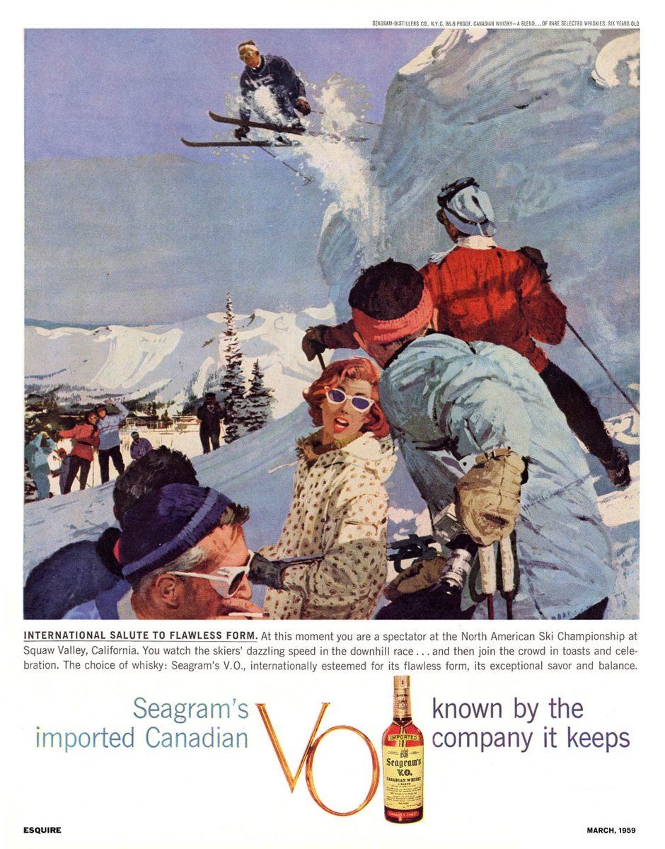 LRonLacy's tweet photo. The choice of whiskey: Seagram’s V.O., internationally esteemed for its flawless form, its exceptional savor and balance.’
#Illustration by Bernie Fuchs (1932-2009)
Esquire, March 1959
#illustrationart #illustrationartists #BernieFuchs #Seagrams #whiskey #skiing #womensfashion https://t.co/BOYNhKkLSu