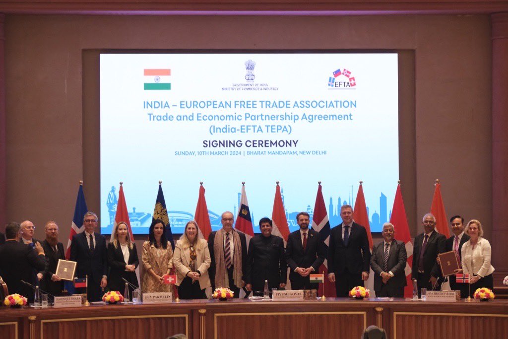 EFTA States 🇮🇸🇱🇮🇳🇴🇨🇭 & India 🇮🇳 have signed a Trade and Economic Partnership Agreement. The landmark agreement is set to bring significant benefits, including: ➡️ Better integrated & more resilient supply chains ➡️ New opportunities leading to economic growth & job creation