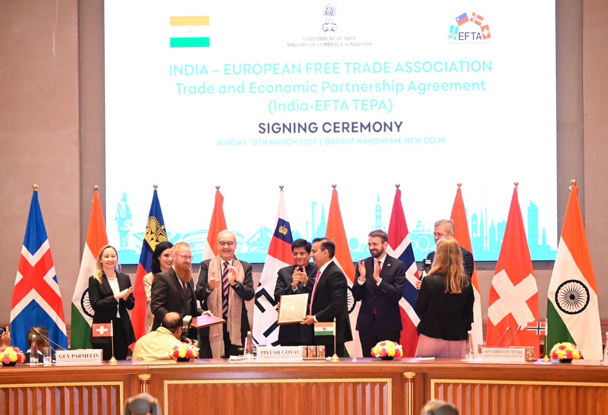 Stronger Ties Inked! Delighted to sign the India-EFTA Trade & Economic Partnership Agreement, yet another pact of progress for our nation. This watershed agreement, realised under the guidance & leadership of PM @NarendraModi ji, marks the dawn of a new era of prosperity and