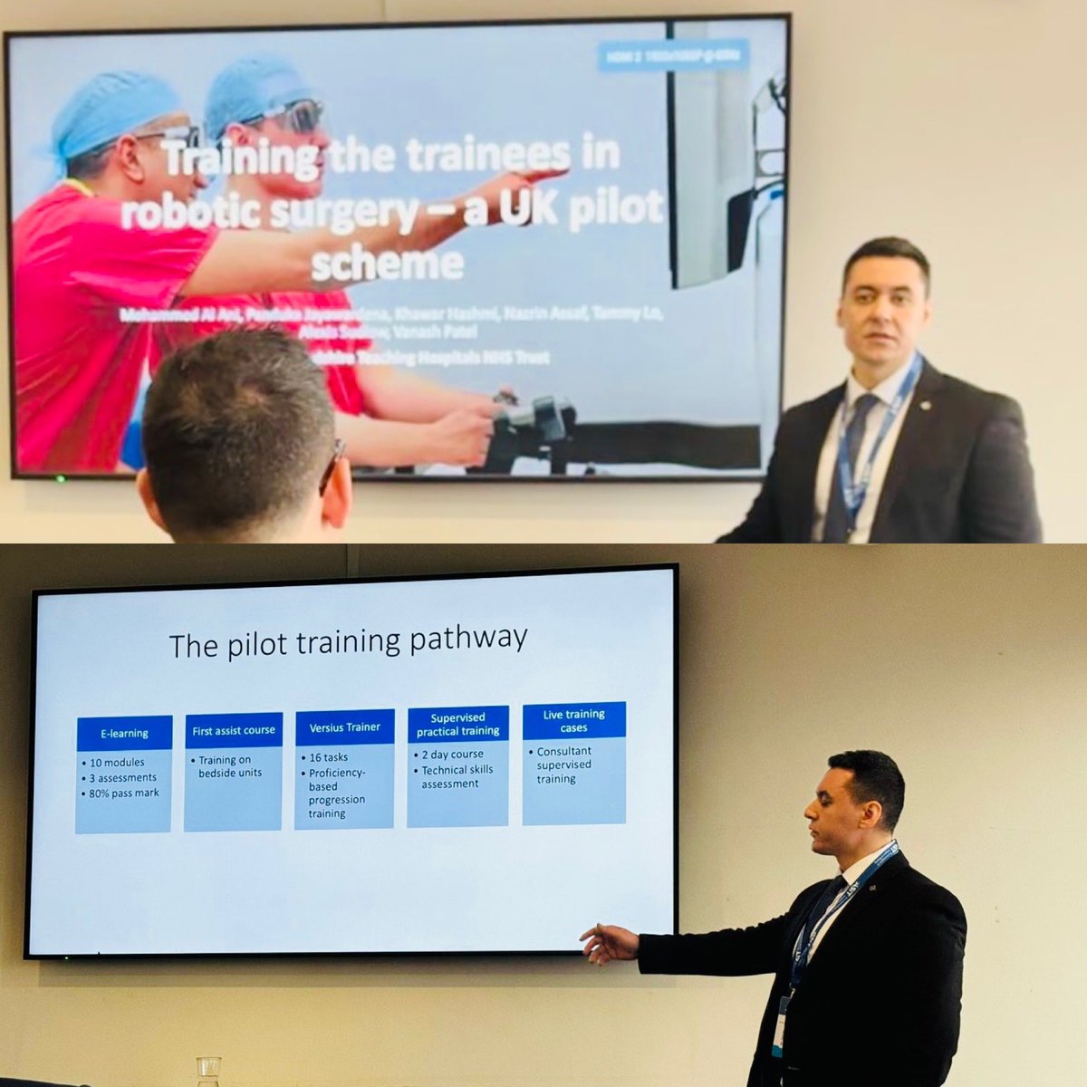 Well done @MMSAlani for presenting our @WestHertsNHS #roboticsurgery training pathway for ST4-ST8 trainees at #ASiT2024 conference.🦾 Trainees can be console surgeons through collaboration between trainer and trainee, and with the right #leadership and #teamwork. The take home…