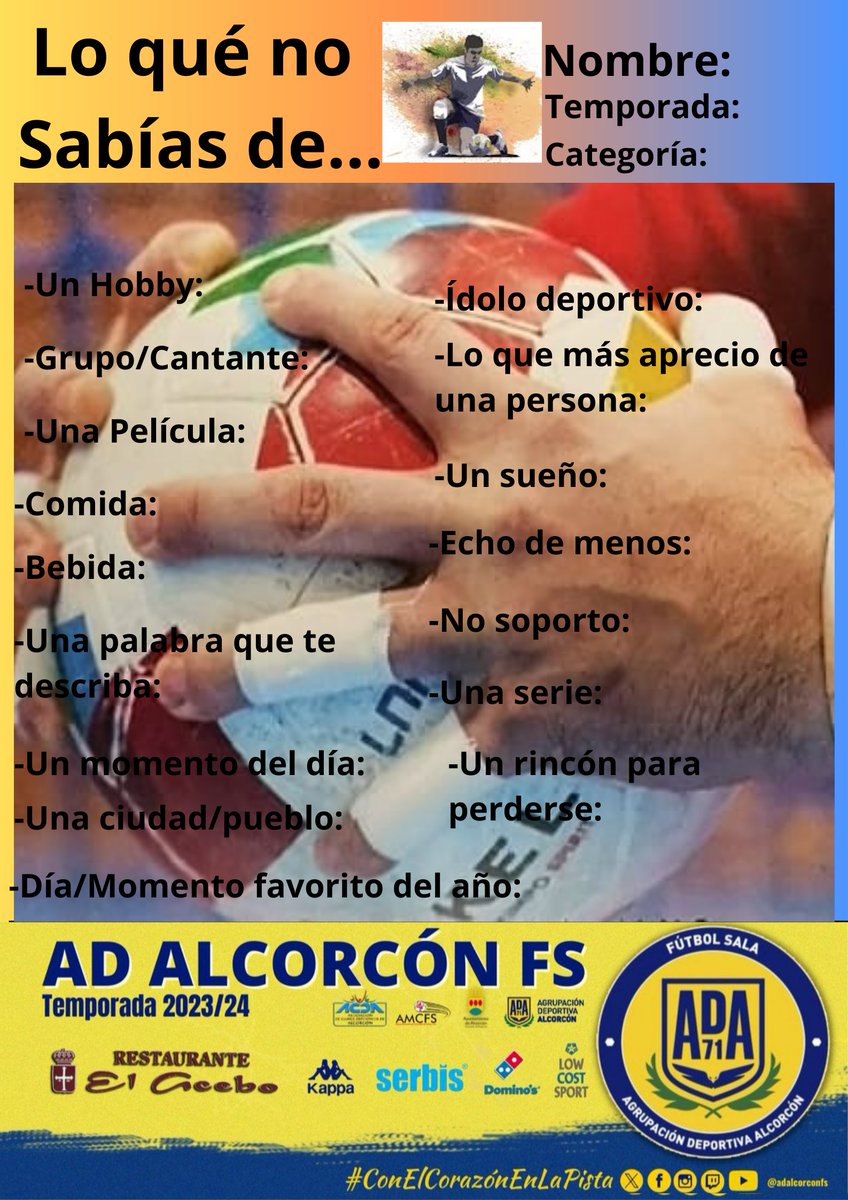 📢📢📢
Ponemos en marcha una nueva sección todos los LUNES 
"Lo que no sabías de...", 🚹🚺
Donde conoceremos el lado más personal de nuestros Porter@s.

Muy atento a mañana donde el primer Protagonista será...❗
⚽🙌🥅
<a href="/ADAlcorconFS/">AD Alcorcón FS 2024 / 2025</a> 
<a href="/ADAlcorconFSF/">A.D. Alcorcón F.S.F.</a>