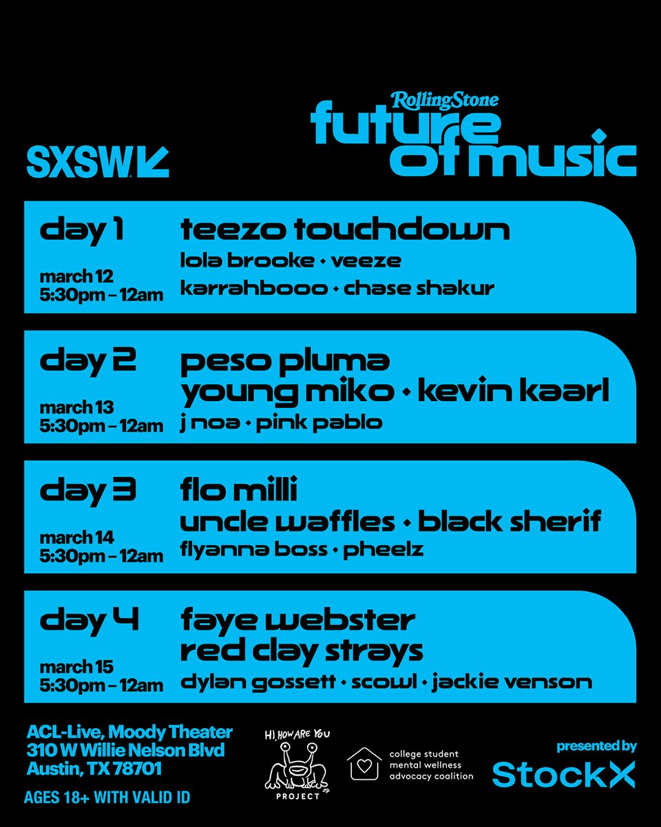 Inspired by the spirit of #SXSW, this four-night concert series from Rolling Stone celebrates the sounds of today and tomorrow, spanning all genres. The Future of Music showcase will be open to all SXSW badge holders and the public. RSVP: bit.ly/3PeqH3E