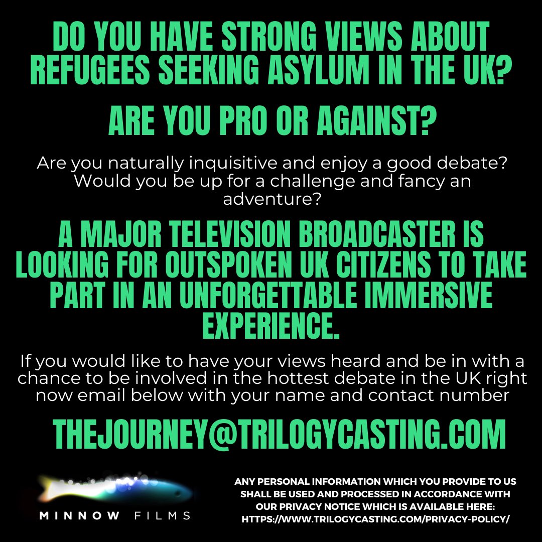 Trilogycasting's tweet photo. NEW CASTING for a major broadcaster! 

All details on the leaflet, please email in, DMs will not be answered! Please tag people who may be interested. Thank you 

#immigration #refugees #refugeestories #seekingasylum #politics #ukpolitics #bibbystockholm #debate #tvshow #brexit https://t.co/J1bANH6har