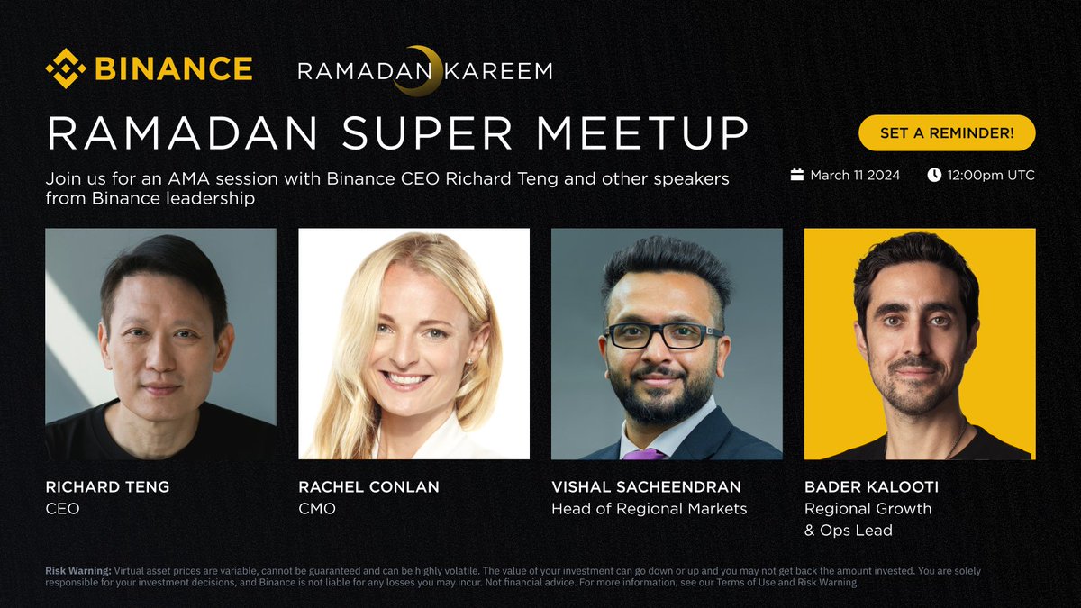 Celebrate #RamadanWithBinance Kickstart a blessed month with an exclusive #Binance Live AMA featuring our CEO, @_RichardTeng, and CMO, @RachelConlan, where they will be talking about our newest product updates and much more! Set a reminder ➡️ ow.ly/Y1uq50QPEQM