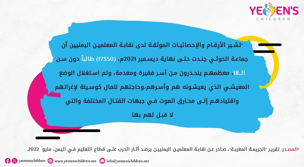 تشير الأرقام والإحصائيان لدى نقابة المعلمين اليمنيين أن جماعة الحوثي جندت حتى نهاية ديسمبر 2021(17350)دوسن الـ18معظهم من أسر فقيرة ومعدمة وتم إستغلال الوضع المعيشي الذي يعشونه هم وأسرهم وحاجتهم للمال كوسيلة لإغرائهم واقتيادهم إلى محارق الموت في جبهات للقتال المختلفة.
#أطفال_اليمن