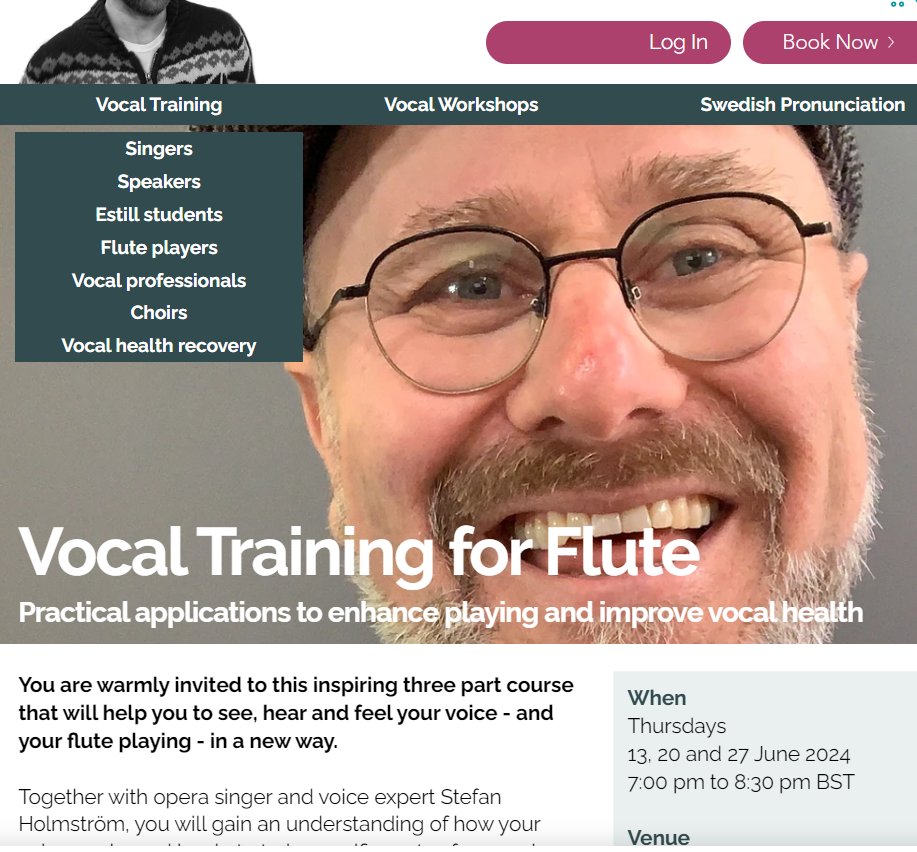 Flute players! Unlock the full potential of your flute playing with Vocal Training for Flute, an inspiring three-part course led by opera singer and Estill Master Trainer, Stefan Holmström. Thursdays Jun 13 - Jun 27 7:00 - 8:30 PM Online (Zoom) stefanholmstrom.co.uk/.../vocal-trai…...