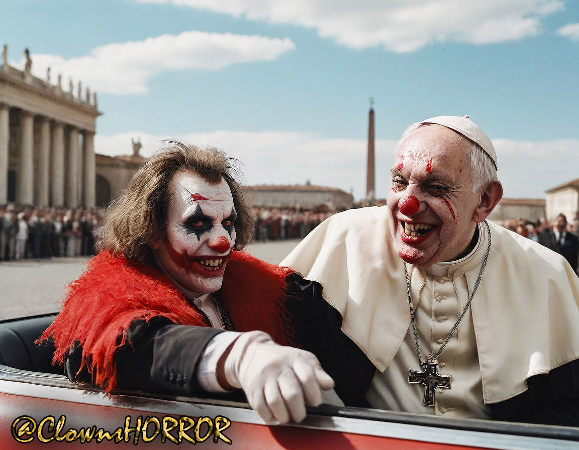 ClownsHorror's tweet photo. When the Horror Clown questions Pope about taking his 'scary' talents seriously, laughter echoes through the circus of disbelief. Pope insists, 'It's just a joke, son!' 🎪😂 #ClownTalks #PopeJokes #CircusConversations #Ukraine #Russia #Papst #Pope #Vatican https://t.co/iA1je0dA41