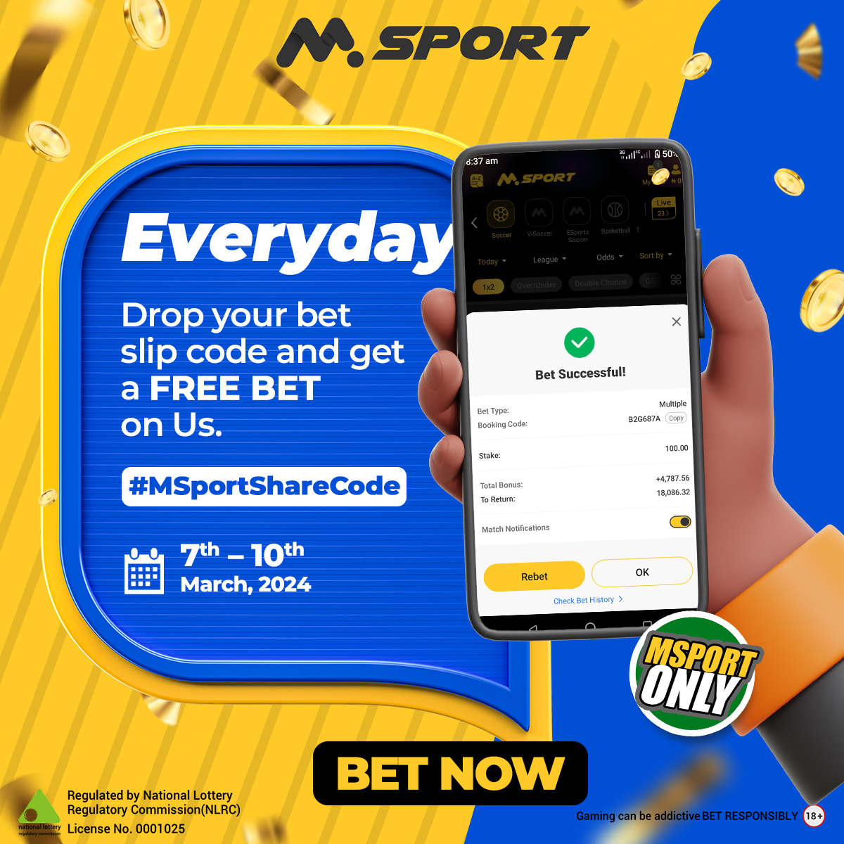 MSportOfficial's tweet photo. 🔥 Omo, time to scatter bet! If you be MSport customer and you dey tear bet slip like say e no get tomorrow, e get better jist for you!

🚀 Drop that bet slip code screenshot, add your MSport account number, tag us @msportofficial, and hit us with the #MSportShareCode. Free bet for you into your MSport account Sharp!

📸 Make sure you share am either under this tweet or on your own timeline. We dey watch, we dey see every move. 🕵️‍♂️

🚨 No dulling, only one code per day. Today, Thursday 7th March – Sunday 10th March 2024, na your time to shine!

Example: 
@MSportOfficial
[Your MSport Bet Slip Code]
08023****56
#MSportShareCode
#BetNowOnMSport

🌐 If you never famz MSport, enter the action now. Click here: 👉 https://t.co/nJPDYXa1nZ, enjoy up to N500,000 in welcome bonuses on your first deposit. No carry last!

#MSportShareCode
#BetNowOnMSport
#MsportAfrica

🚀 E sure me say na final day for this #MSportShareCode Campaign! All free bets wey you drop, we go fling am your way tomorrow Monday. No miss this groove, abeg!

Oya, sharpaly drop your bets, tag us, and make we run am together. No carry last for this awoof! 💰💨
