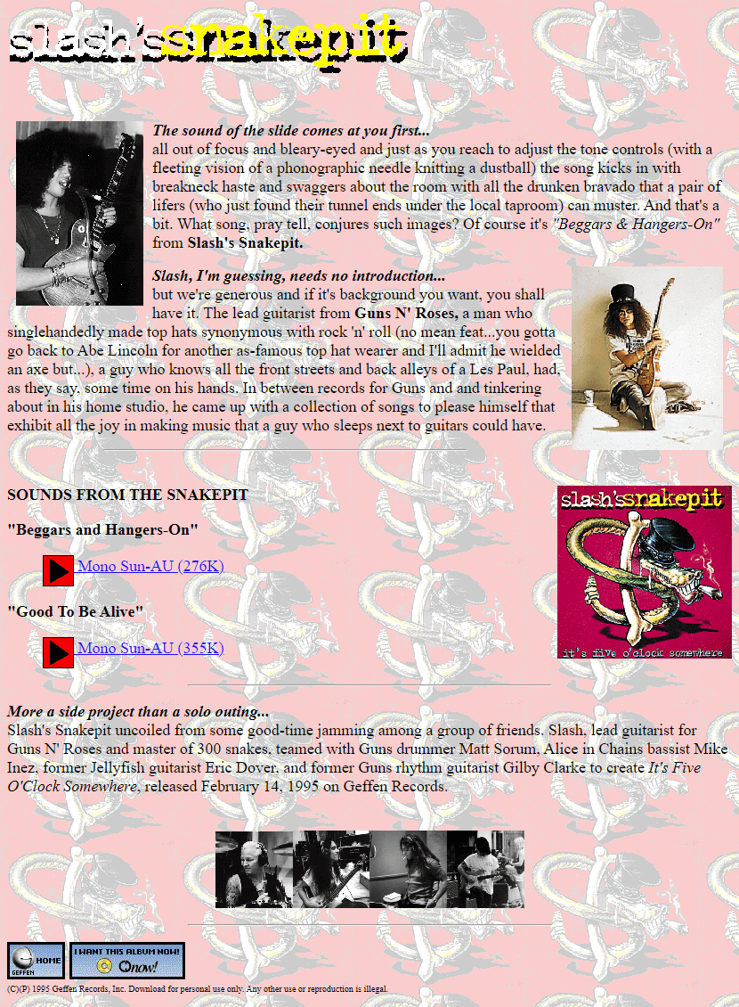 slashlegacyok's tweet photo. Sección de "Slash Snakepit" perteneciente al primer sitio web de Geffen Records, 1995.
.
@Slash @mattsorum @gilbyclarke @MikeInez #ericdover #snakepit #itsfiveoclocksomewhere #slashsnakepit #geffenrecords #website https://t.co/ipB7jeT0Tx