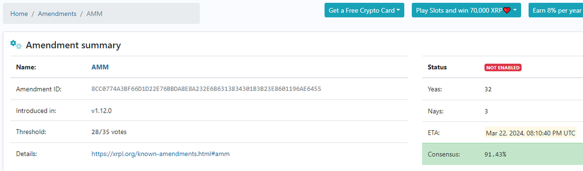 trader_kamikaze's tweet photo. The #XRPLCommunity overwhelmingly approved (91.43%) the change to allow automated market makers (AMMs) on #XRPL . According to information from #XRPscan, AMMs must be activated on XRPL by March 22, 20:10 UTC.
$XRP #Ripple #Crypto 

📍 https://t.co/ugZgqOh2G5 https://t.co/hlPdqaaWsp