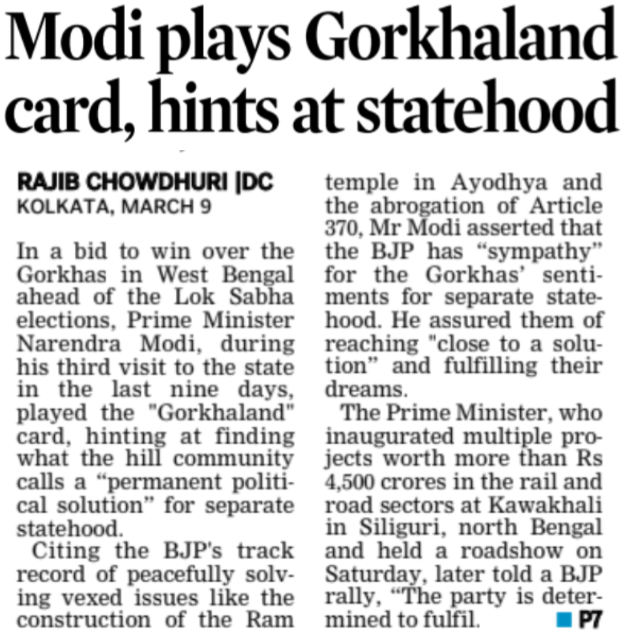 This is a dangerous card to play. Unlike Telangana, Gorkhaland is an ethnocentric statehood demand, and the proposed state is a strategic chokepoint between three neighbouring countries capable of hostility.

Himalayan West Bengal is a tight-ship because Bongs are administering…