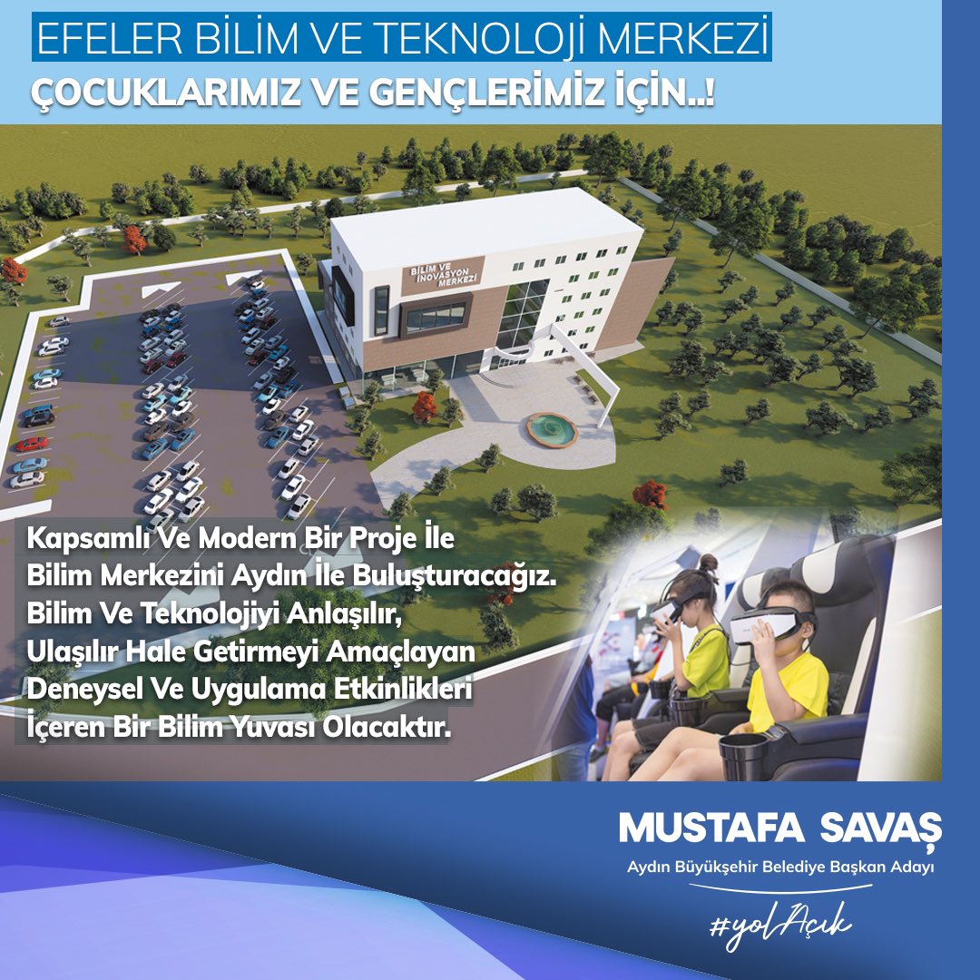 aydinmsavas's tweet photo. ÇOCUKLARIMIZ VE GENÇLERİMİZ İÇİN EFELER BİLİM VE TEKNOLOJİ MERKEZİ YAPIYORUZ!

Kapsamlı ve modern bir proje ile Bilim Merkezi’ni Aydın ile buluşturacağız.

Bilim ve teknolojiyi anlaşılır ve ulaşılır hale getirmeyi amaçlayan Bilim Merkezi, deneysel ve uygulama etkinlikleri içeren bir bilim yuvası olacaktır.

Merkezimizde 14 farklı alanda yaklaşık 250 deney düzeneği ve özel tasarım galerisinin olması planlanmaktadır. Bunlara ek olarak eğitim salonları, kimya ve fizik gibi temel bilim atölyelerinin yapıldığı laboratuvarlar, bilim müzesi, simülasyon cihazları, planetaryum, üç boyutlu sinema salonları, bilim kafe ve BTM Dükkan’ın yer aldığı merkezde çocuklarımızı bilimsel kampların, atölye çalışmalarının, bilimsel şovların yapıldığı yoğun bir içerikle buluşturacağız.

Aydın için #yolAcik