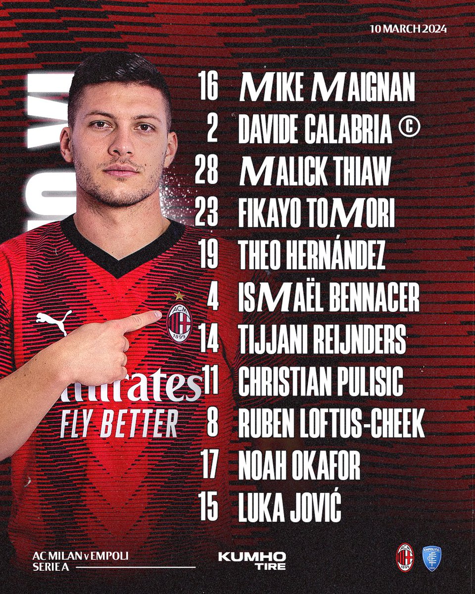 acmilan's tweet photo. The team news is in! 📋

#MilanEmpoli #SempreMilan
Brought to you by 𝗞𝘂𝗺𝗵𝗼 𝗧𝗶𝗿𝗲 https://t.co/funw7oubqb